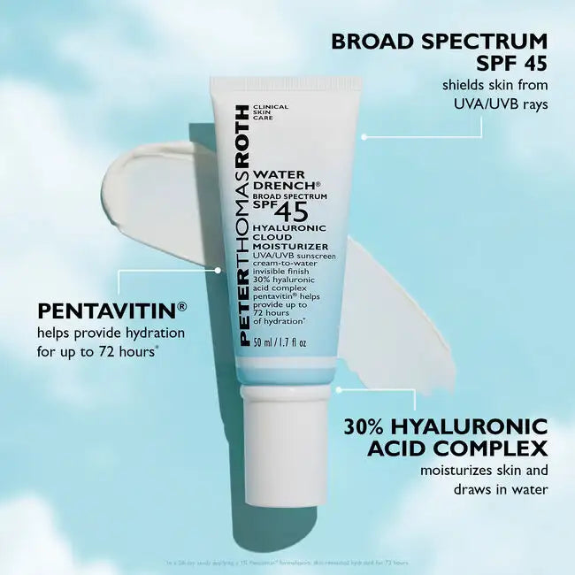 Hidratante en nube con ácido hialurónico Water Drench de amplio espectro con FPS 45 de Peter Thomas Roth en tamaño pequeño o de viaje