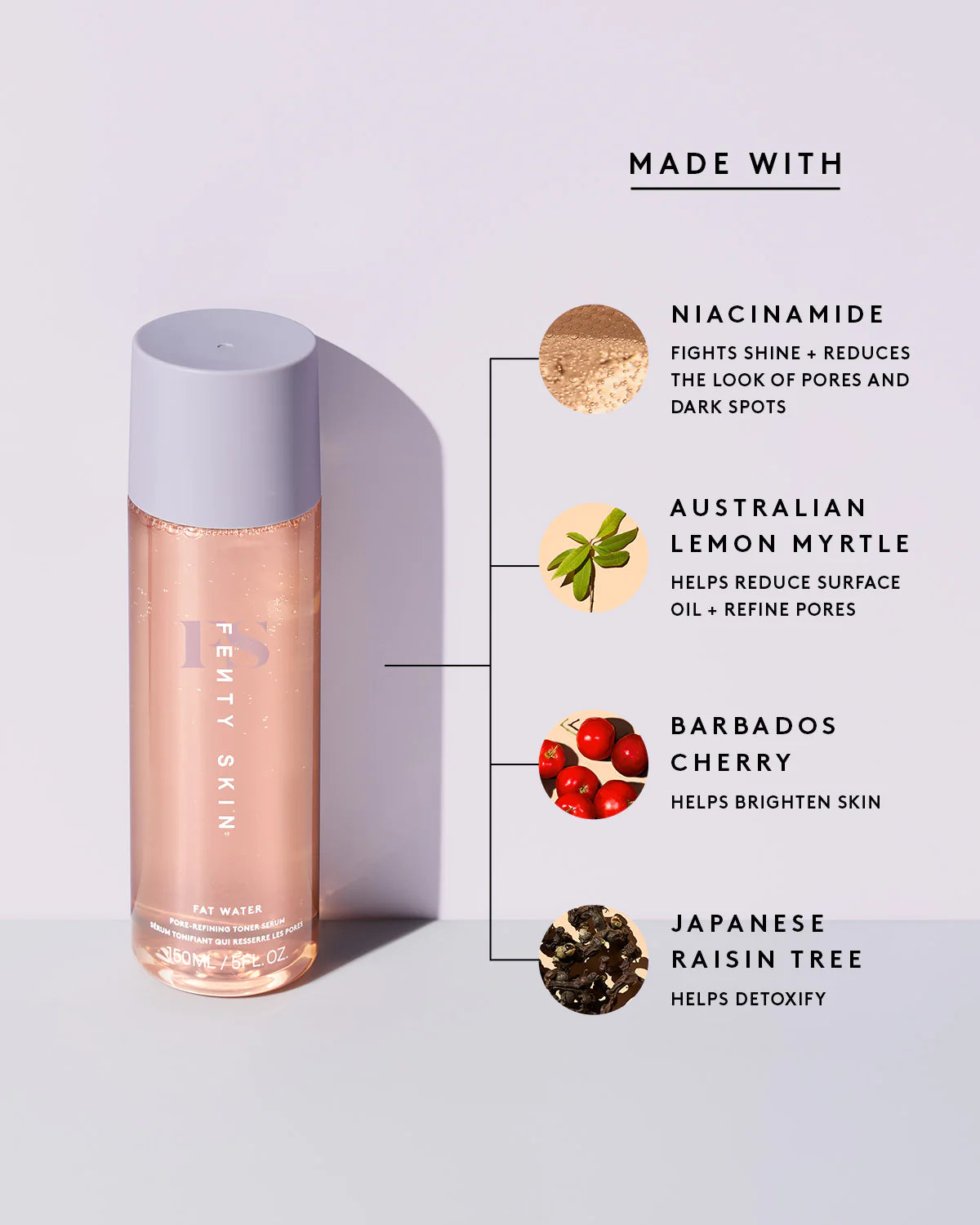 Suero tónico refinador de poros con niacinamida y agua saturada Fat Water de Fenty Skin en tamaño mini/de viaje con cereza de Barbados