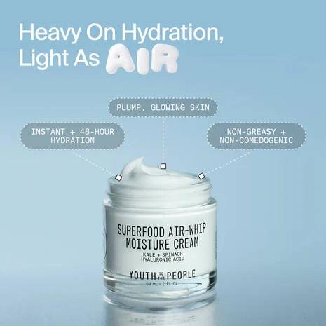 Crema hidratante facial ligera Air-Whip Superfood de Youth To The People en tamaño mini o de viaje con ácido hialurónico