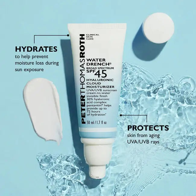 Hidratante en nube con ácido hialurónico Water Drench de amplio espectro con FPS 45 de Peter Thomas Roth en tamaño pequeño o de viaje