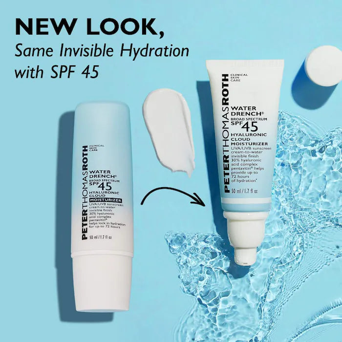 Hidratante en nube con ácido hialurónico Water Drench de amplio espectro con FPS 45 de Peter Thomas Roth en tamaño pequeño o de viaje