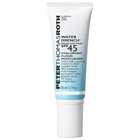 Hidratante en nube con ácido hialurónico Water Drench de amplio espectro con FPS 45 de Peter Thomas Roth en tamaño pequeño o de viaje