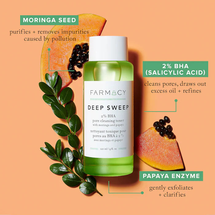 Tónico limpiador de poros Deep Sweep 2% BHA con moringa y papaya en tamaño mini/de viaje de Farmacy