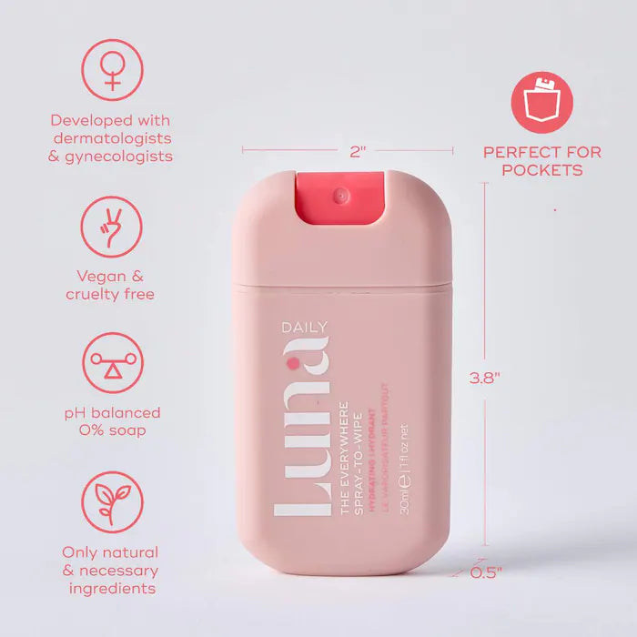 Luna Daily The Hydrating Everywhere Spray-To-Wipe Tamaño Mini/Viaje - Con Prebióticos, Vitaminas C y E, Omegas 3 y 6