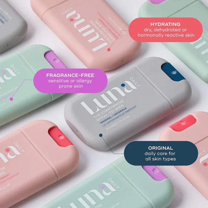 Luna Daily The Hydrating Everywhere Spray-To-Wipe Tamaño Mini/Viaje - Con Prebióticos, Vitaminas C y E, Omegas 3 y 6