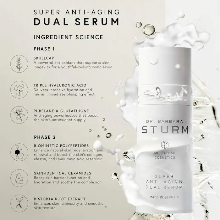 Dr. Barbara Sturm Super Anti-Aging Dual Serum with Triple Hyaluronic Acid, Glutathione, Skullcap + Ceramide-Peptide Complex